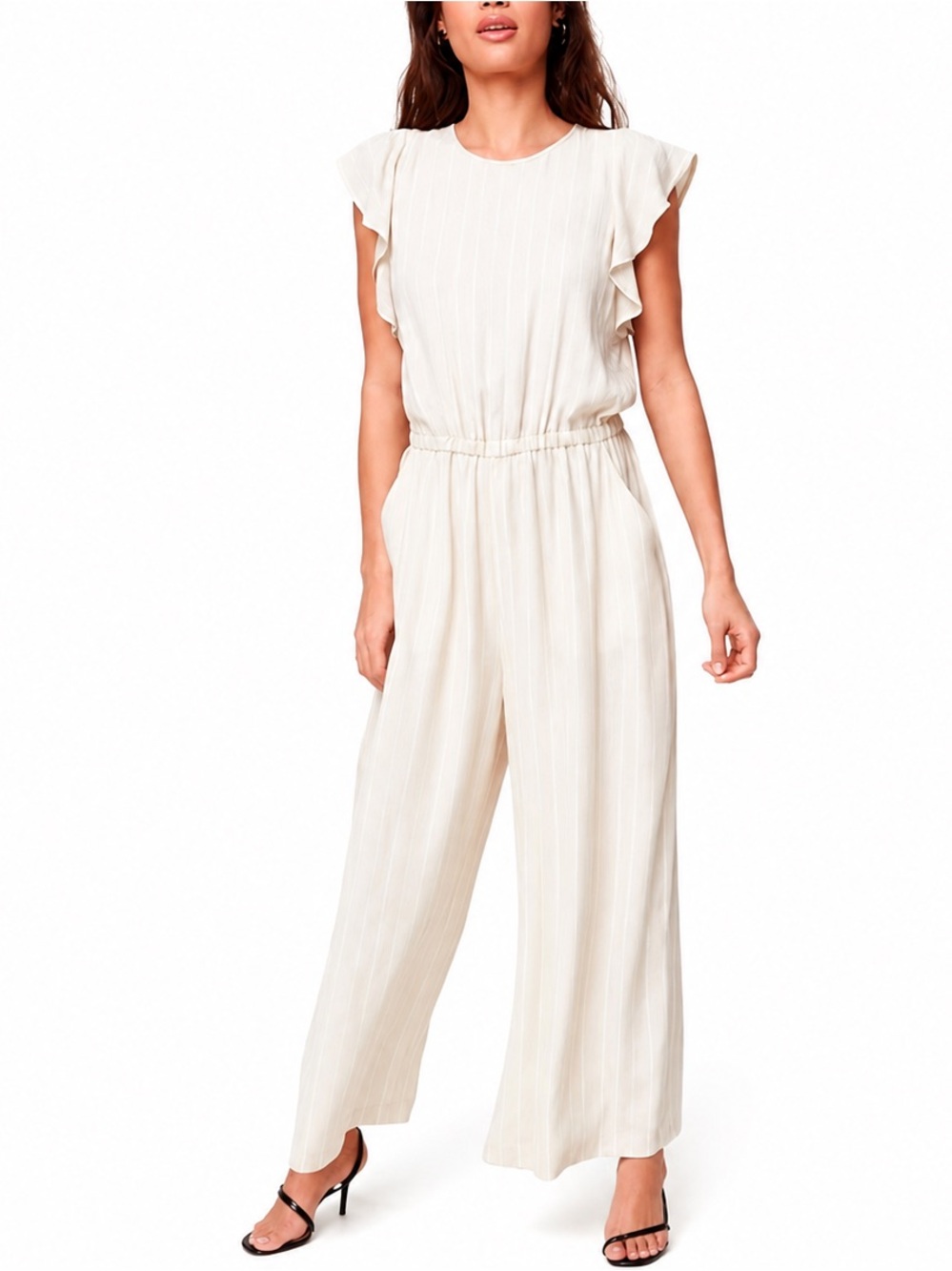 Aritzia Wilfred Fleurette Ruffled Wide Leg Jumpsuit Striped Cream (Size XS)